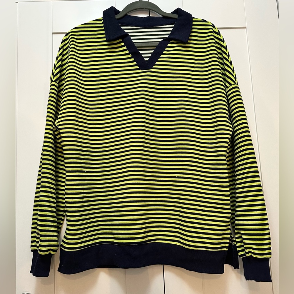Striped Women’s V Neck Oversized Pullover Sweatshirt Navy Blue Lime Green Sz M/L
